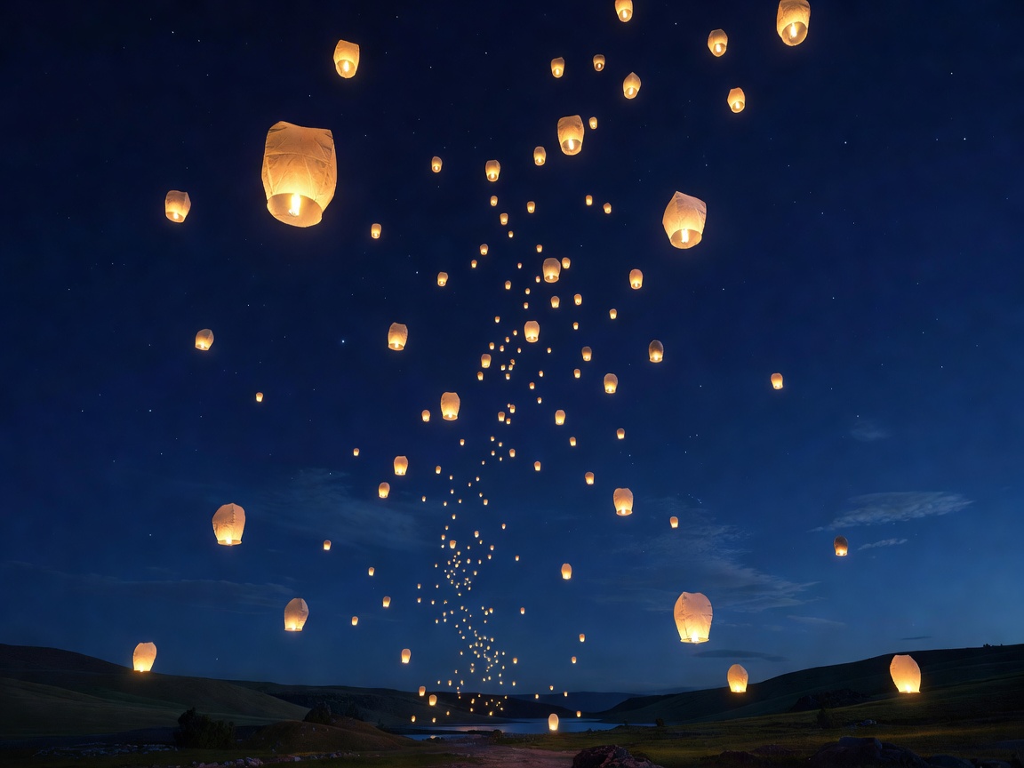 Beautiful landscape of dozens of luminous lanterns rising together into the deep indigo night atmosphere