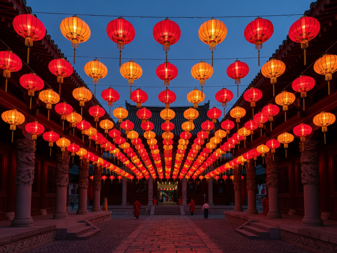 Beautifully glowing red and orange lanterns aligned symmetrically at an evening temple festival