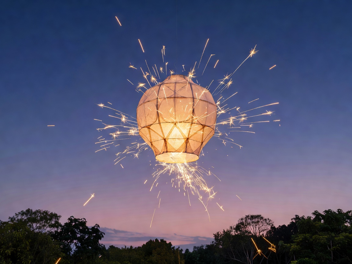 Exquisitely decorated oriental lantern emitting warm ambient light, floating at dusk