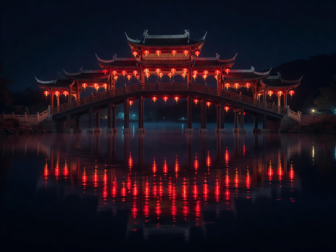 Night view of a scenic oriental bridge structure with small red glowing lanterns casting reflections on the calm water surface