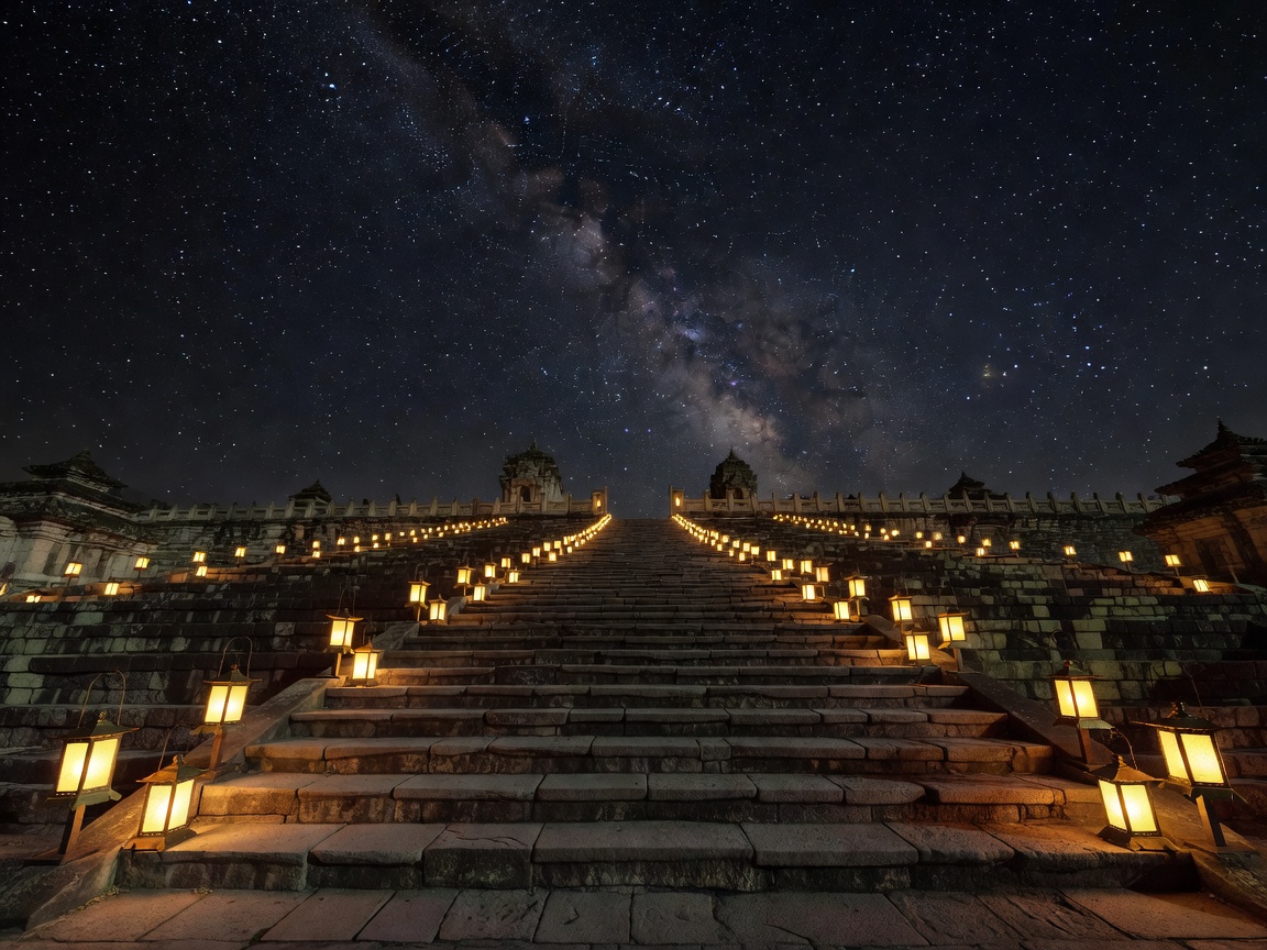Sprawling historic temple steps lined with glowing ambient lanterns under a starry night sky